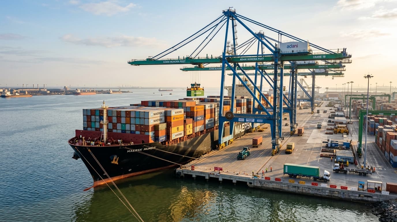 Container ship and deepwater gantry cranes at Mundra port loading export cargo