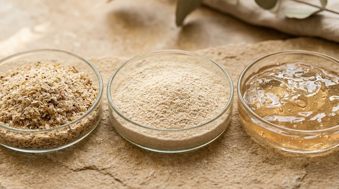Psyllium whole husk flakes, sortex purity grades, and hydrated soluble mucilage gel