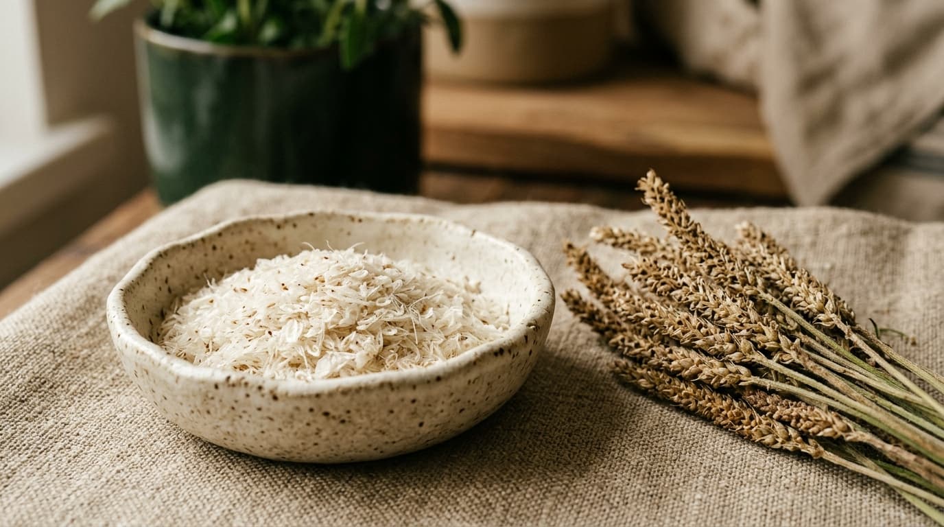 Pure natural Psyllium Husk flakes (Plantago ovata) with botanical seed spikes