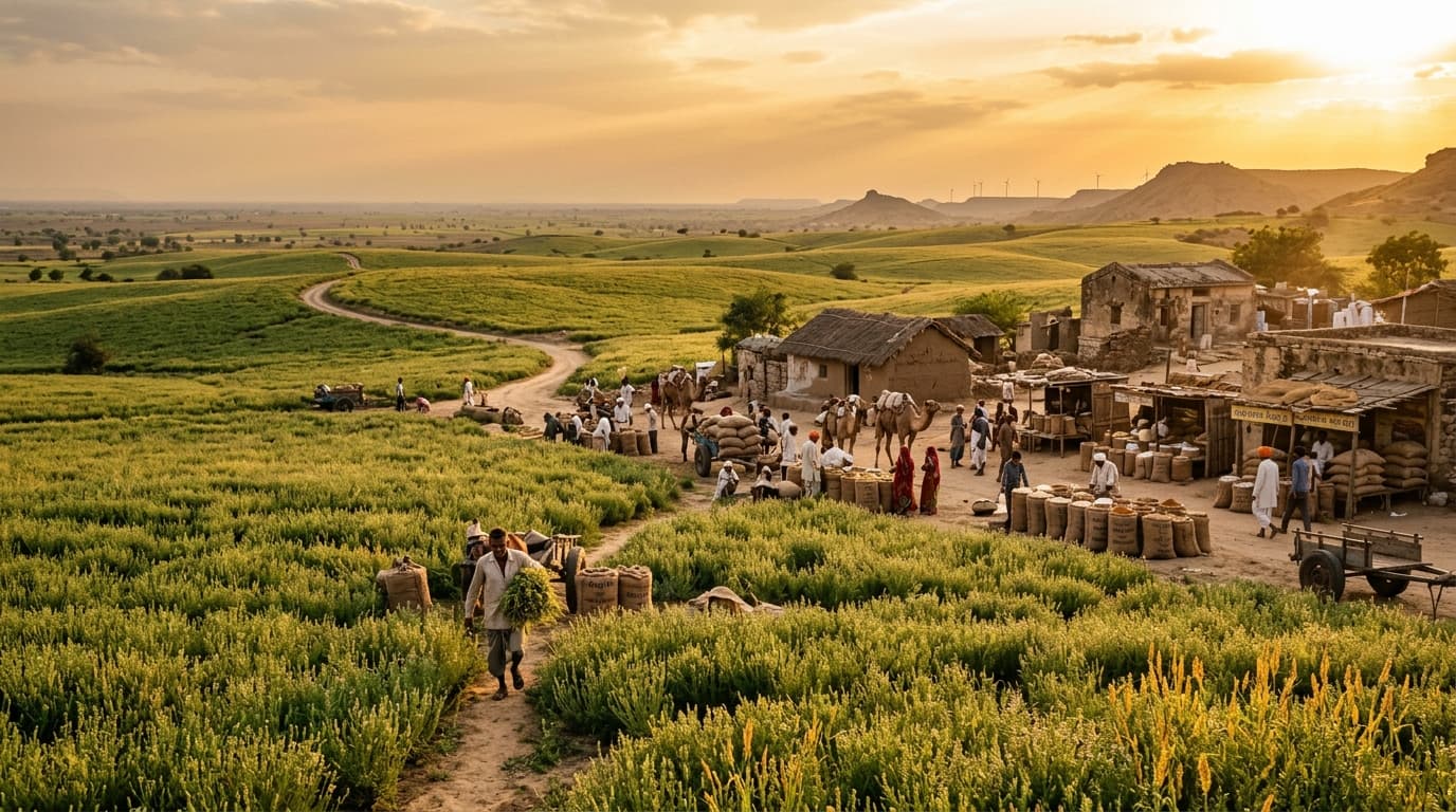 Rural agricultural heritage and Psyllium harvest fields in Gujarat