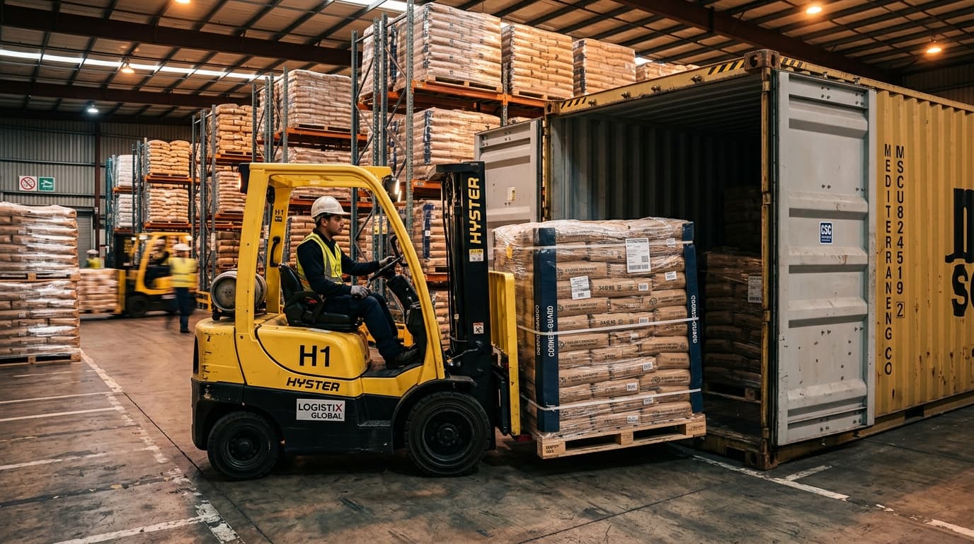 Export logistics warehouse with pallets of 25 KG Export Bags loaded into ocean freight container